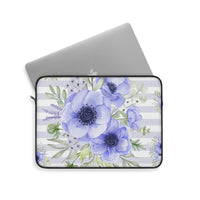 Laptop Sleeve-Soft Blue Floral-Soft Blue Horizontal Stripes-White