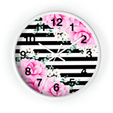 Wall Clock-Magenta Pink-Floral Bash-Black Horizontal Stripes-White
