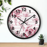 Wall Clock-Soft Pink Floral Mauve-Horizontal Stripes-White