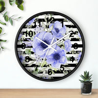 Wall Clock-Soft Blue Floral-Black Horizontal Stripes-White