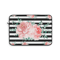 Laptop Sleeve-Lush Pink Floral-Black Horizontal Stripes-White