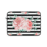 Laptop Sleeve-Lush Pink Floral-Black Horizontal Stripes-White