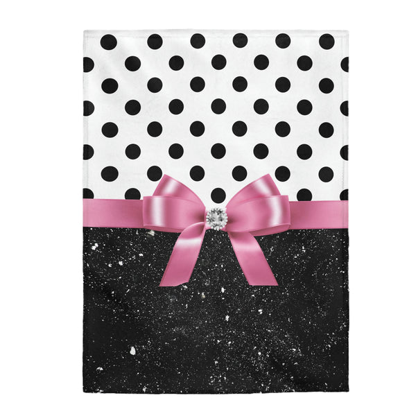 Velveteen Plush Blanket-Glam Pink Bow-Black Polka Dots-Black Glitter