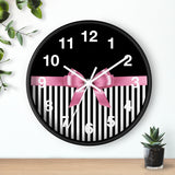 Wall Clock-Glam Pink Bow-Black White Pinstripes-Black