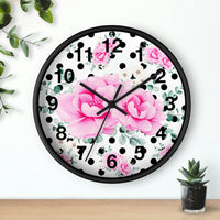 Wall Clock-Magenta Pink Floral-Black Polka Dots-White