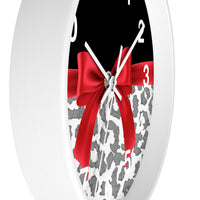 Wall Clock-Glam Red Bow-Grey Leopard-Black