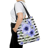 Tote Bag-Soft Blue Floral-Black Horizontal Stripes-White