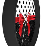 Wall Clock-Glam Red Bow-Black Polka Dots-Black Glitter