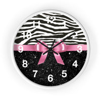 Wall Clock-Glam Pink Bow-Zebra-Black Glitter