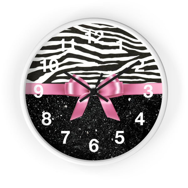 Wall Clock-Glam Pink Bow-Zebra-Black Glitter