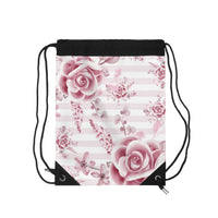 Drawstring Bag-Soft Pink Floral Mauve-Horizontal Stripes-White