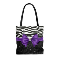 Tote Bag-Glam Purple Bow-Zebra-Black Glitter