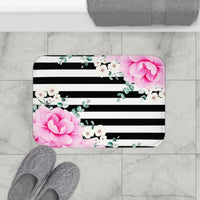 Bath Mat-Magenta Pink-Floral Bash-Black Horizontal Stripes-White