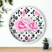 Wall Clock-Magenta Pink Floral-Black Polka Dots-White