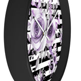 Wall Clock-Soft Purple Floral-Black Horizontal Stripes-White