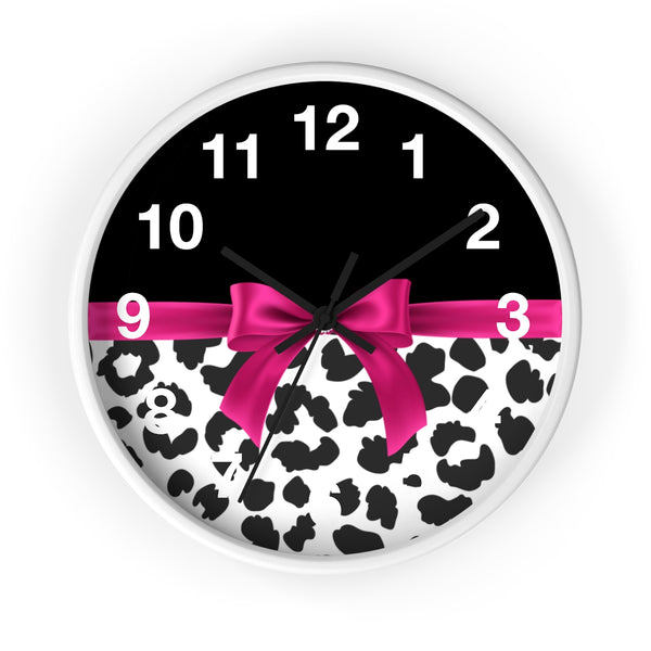 Wall Clock-Glam Passion Pink Bow-Snow Leopard-Black