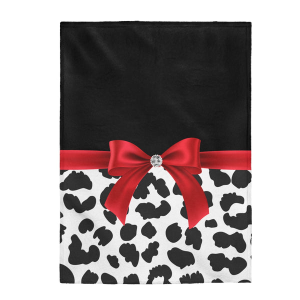 Velveteen Plush Blanket-Glam Red Bow-Snow Leopard-Black