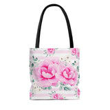 Tote Bag-Magenta Pink Floral-Pink Horizontal Stripes-White