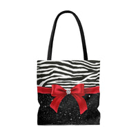 Tote Bag-Glam Red Bow-Zebra-Black Glitter