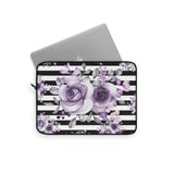 Laptop Sleeve-Soft Purple Floral-Black Horizontal Stripes-White