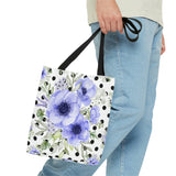 Tote Bag-Soft Blue Floral-Black Polka Dots-White