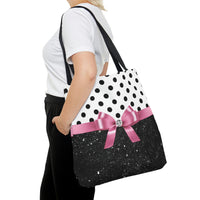 Tote Bag-Glam Pink Bow-Black Polka Dots-Black Glitter