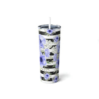 Skinny Tumbler, 20oz-Soft Blue Floral-Black Horizontal Stripes-White