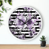 Wall Clock-Soft Purple Floral-Black Horizontal Stripes-White