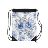 Drawstring Bag-Stormy Blue-Floral Stencil-White