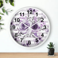 Wall Clock-Soft Purple Floral-Soft Purple Horizontal Stripes-White