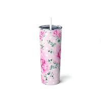 Skinny Tumbler, 20oz-Magenta Pink Floral-White Polka Dots-Pink