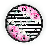 Wall Clock-Magenta Pink-Floral Bash-Black Horizontal Stripes-White