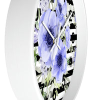 Wall Clock-Soft Blue Floral-Black Horizontal Stripes-White