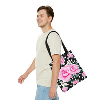 Tote Bag-Magenta Pink Floral-White Polka Dots-Black