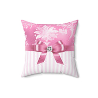 Square Pillow-Glam Pink Bow-Pink White Stencil-Pink White Pinstripes