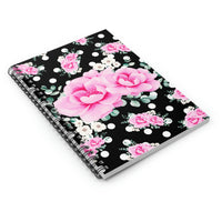 Small Spiral Notebook, 6x8in-Magenta Pink Floral-White Polka Dots-Black