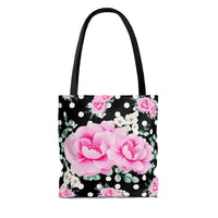 Tote Bag-Magenta Pink Floral-White Polka Dots-Black