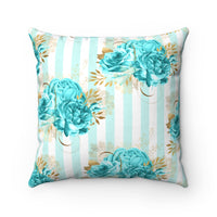 Square Pillow-Aqua Blue Floral Pinstripes