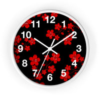 Wall Clock-Red Floral Blossoms-Black