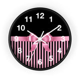 Wall Clock-Glam Pink Bow-Pink Black Pinstripes-Black