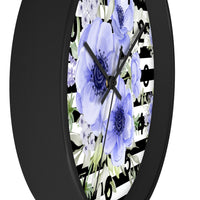 Wall Clock-Soft Blue Floral-Black Horizontal Stripes-White