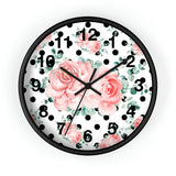 Wall Clock-Lush Pink Floral-Black Polka Dots-White