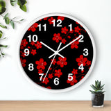 Wall Clock-Red Floral Blossoms-Black