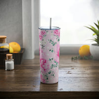 Skinny Tumbler, 20oz-Magenta Pink Floral-White Polka Dots-Pink