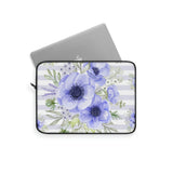 Laptop Sleeve-Soft Blue Floral-Soft Blue Horizontal Stripes-White