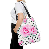 Tote Bag-Magenta Pink Floral-Black Polka Dots-White