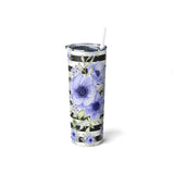 Skinny Tumbler, 20oz-Soft Blue Floral-Black Horizontal Stripes-White