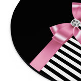 Mouse Pad-Glam Pink Bow-Black White Pinstripes-Black