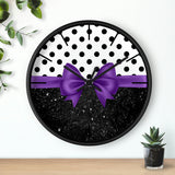 Wall Clock-Glam Purple Bow-Black Polka Dots-Black Glitter