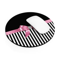 Mouse Pad-Glam Pink Bow-Black White Pinstripes-Black